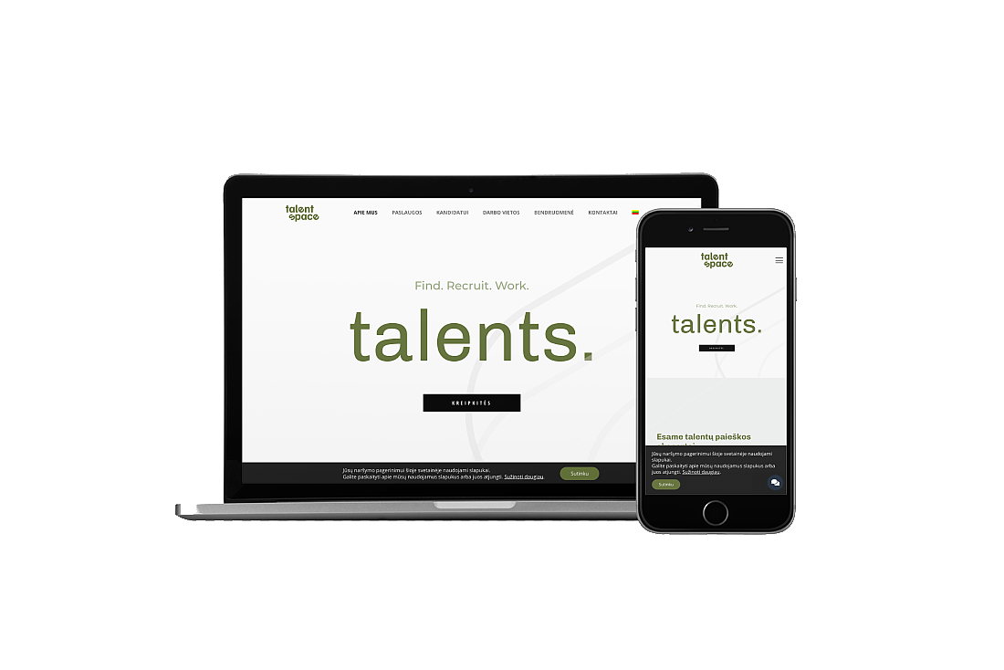 Interneto svetainės Talentspace.lt vaizdas nešiojamo kompiuterio ir mobilaus telefono ekranuose